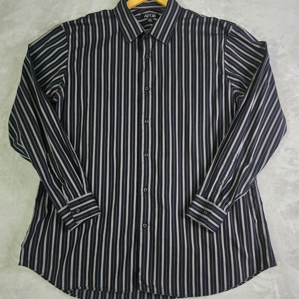 Apt 9 Mens‎ XXL Black Gray Striped Long Sleeve Button Down Dress Shirt